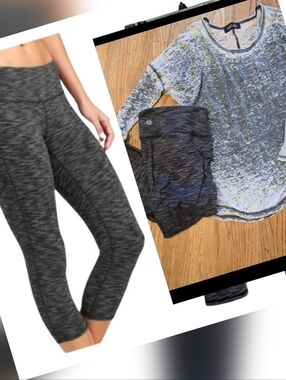 Athleta Set Leggings Gray, Black + Matching Top By "fab rik" Sheer Long Sleeve